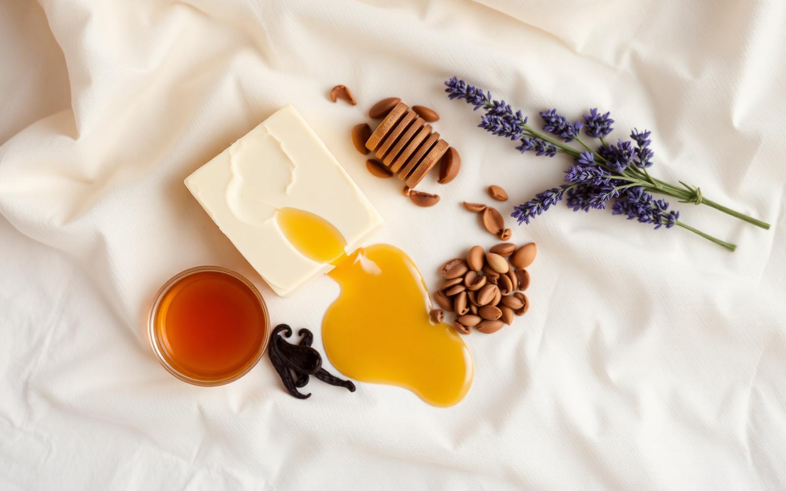 Flat lay of shea butter, honey, vanilla beans and lavender on cream linen